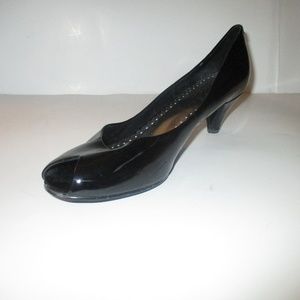BCBG Vintage Black Patent V-cut Peep Toe Pumps